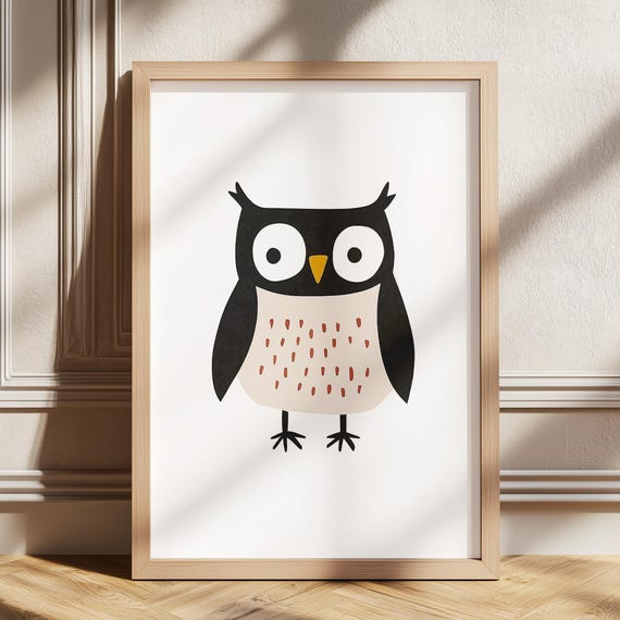 Cute Owl Wall Art Nursery Print Kids Room Decor Beige Playroom Boys Bedroom Animal