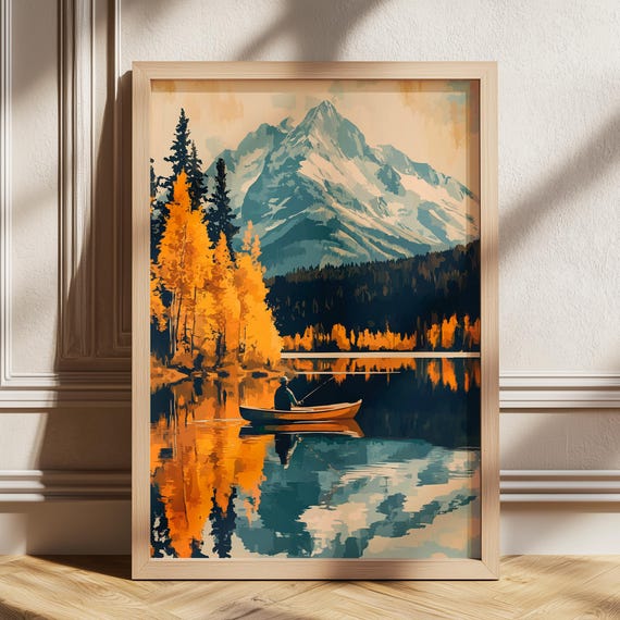 Fisherman Nature Poster Boho Art Retro Style Lake Gift For