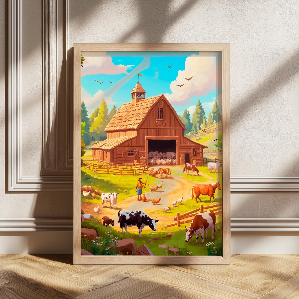 Orange Barn Farmyard With Cows and Chickens Country Poster Art