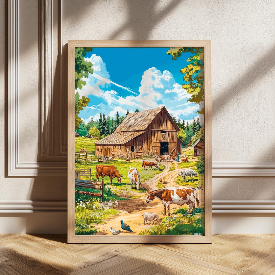 Rustic Barn and Grazing Cows in a Summer Meadow Farm Poster Art