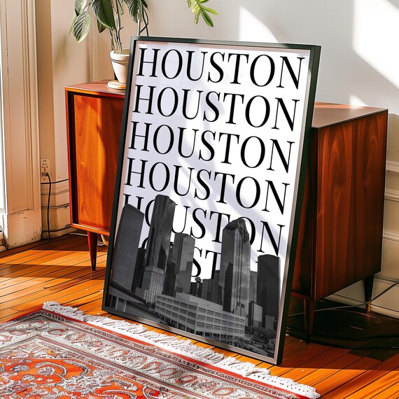 Black And White Houston Texas Skyline Bold Typography Travel Poster