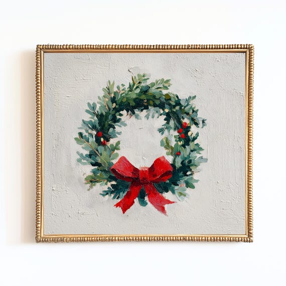 Green Christmas Wreath Red Bow Berries Classic Festive Holiday Wall Art