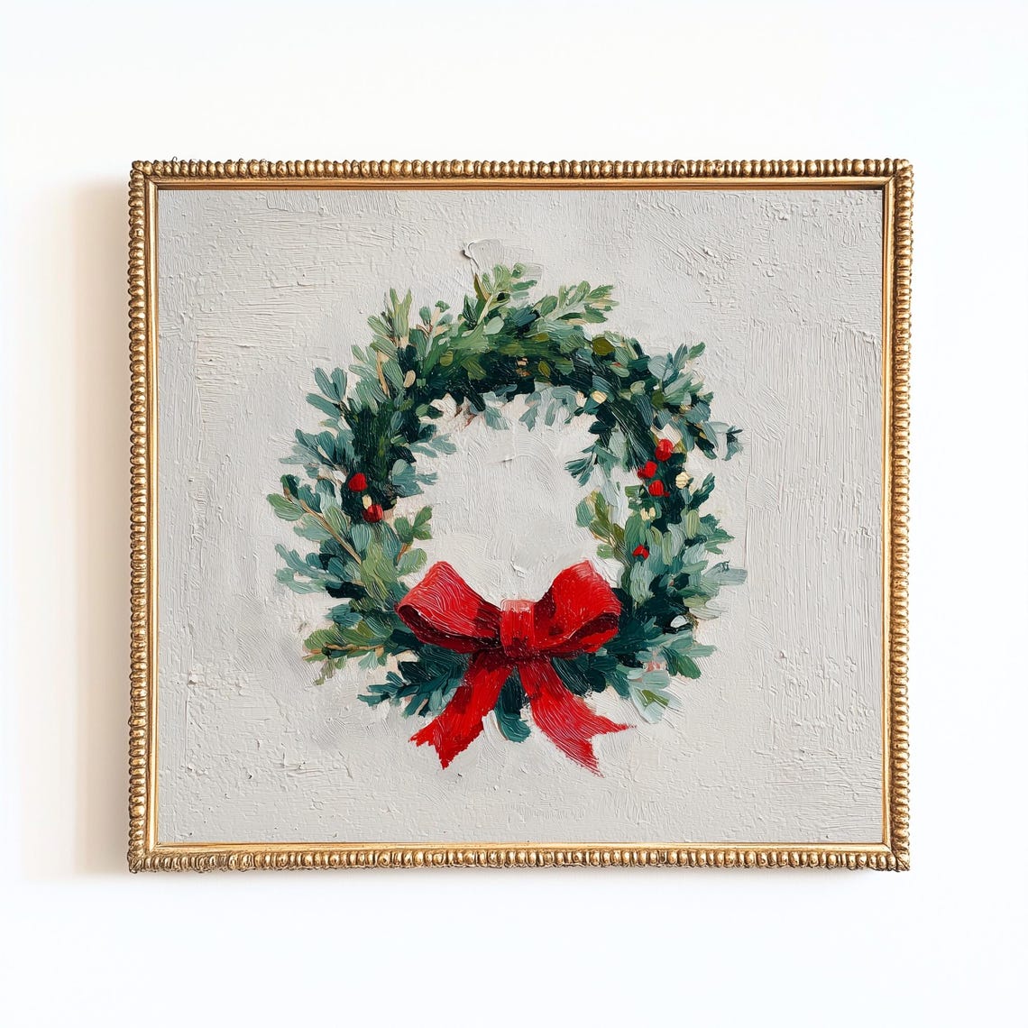 Green Christmas Wreath Red Bow Berries Classic Festive Holiday Wall Art