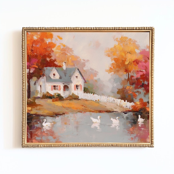 Rustic Autumn Farmhouse Landscape, Vintage Country Art Print