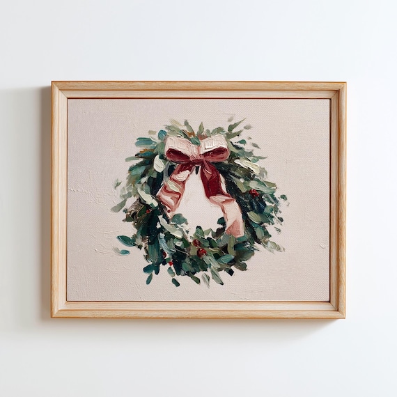 Vintage Christmas Wreath Print Red Bow Botanical Wall Art