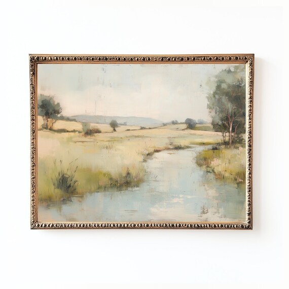 Vintage Pastoral Countryside Stream Serene Landscape Art Print