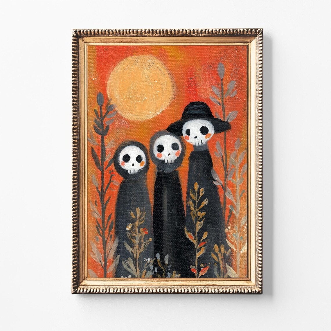 Whimsical Skeleton Trio Halloween Print Vintage Folk Art