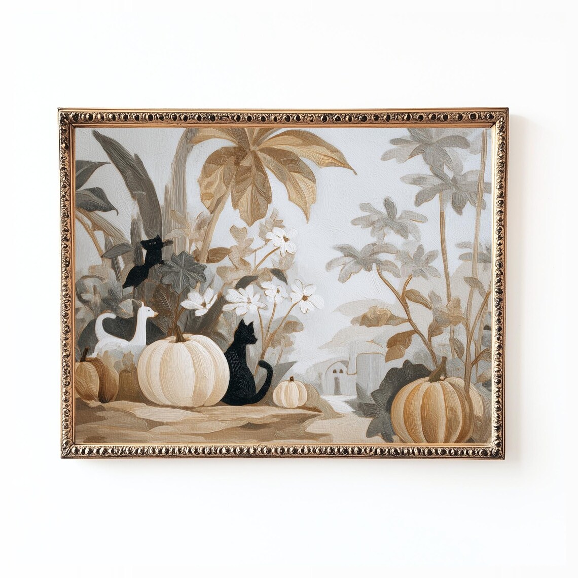 Vintage Halloween Print Black Cat Pumpkin Botanicals