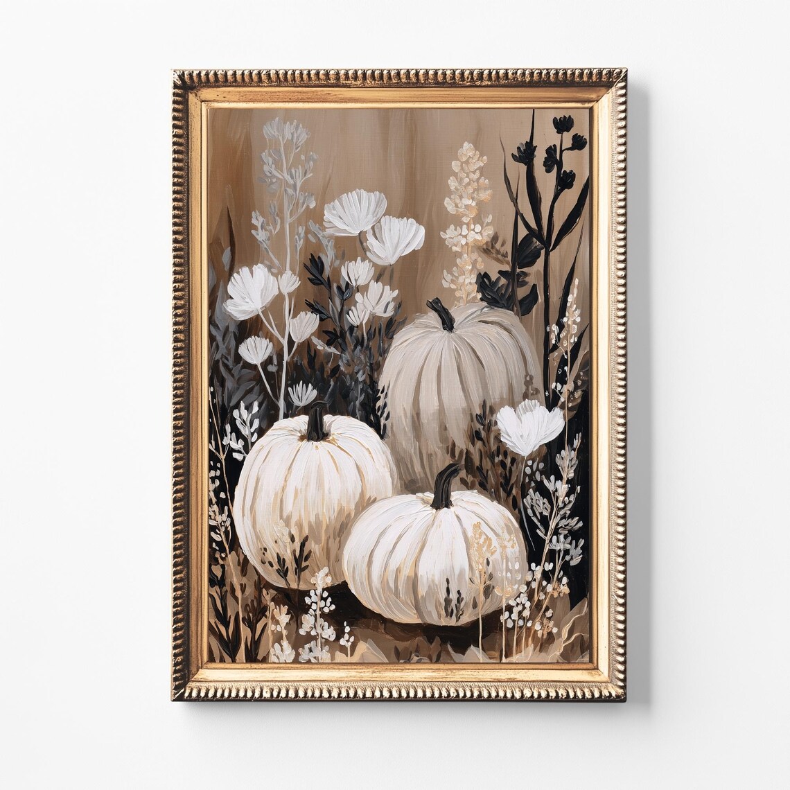 Neutral Pumpkin Fall Poster, Rustic Floral Autumn Decor