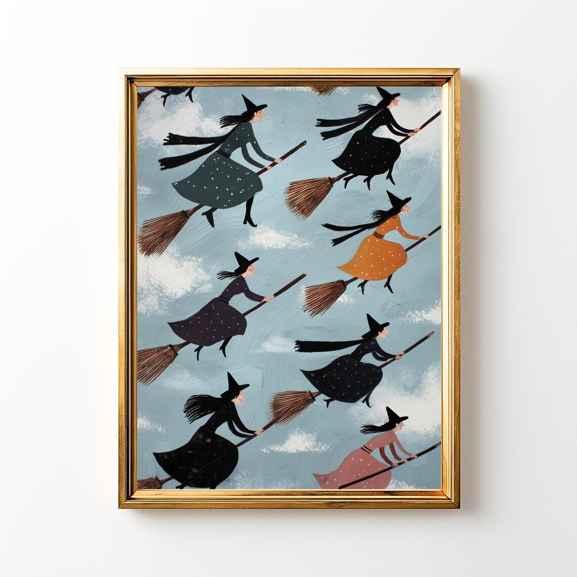Flying Witch Halloween, Whimsical Folk Art Print