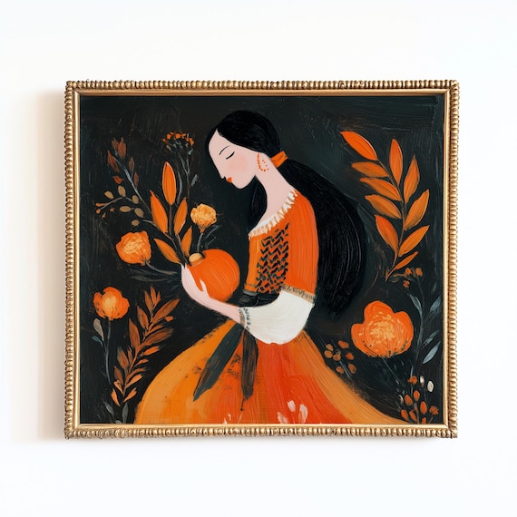 Folk Art Pumpkin Print Autumn Harvest Decor