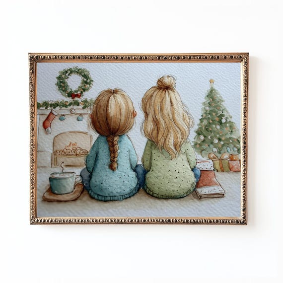 Two Sisters Christmas Fireplace Watercolor Cozy Holiday Poster