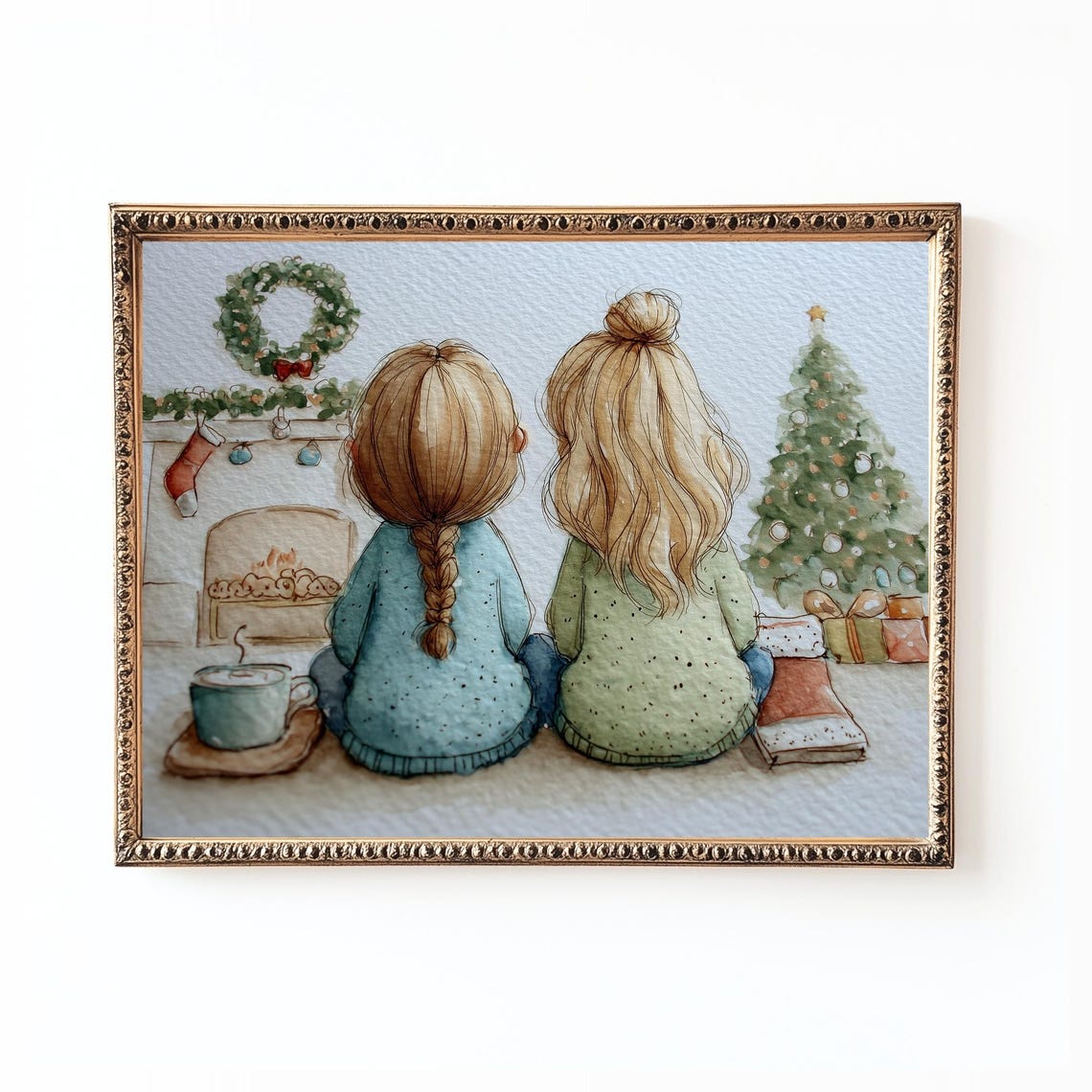 Two Sisters Christmas Fireplace Watercolor Cozy Holiday Poster