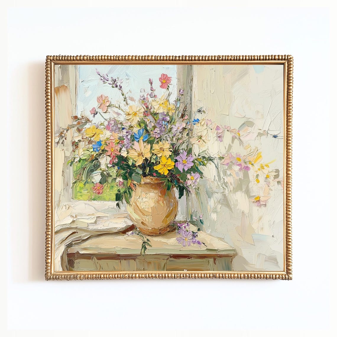 Pastel Wildflower Bouquet Gold Vase Impressionist Window Art Poster