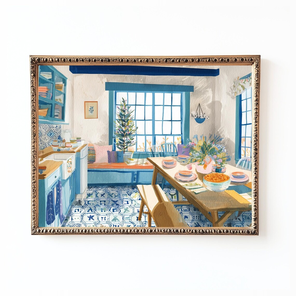 Kitchen Wall Art Blue Cottage Holiday Decor, Poster