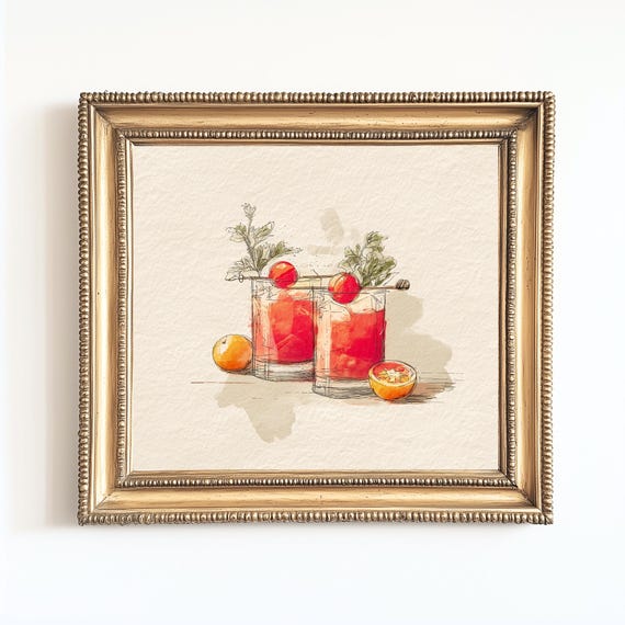 Watercolor Bloody Mary Cocktail Sketch Bar Cart Decor Poster