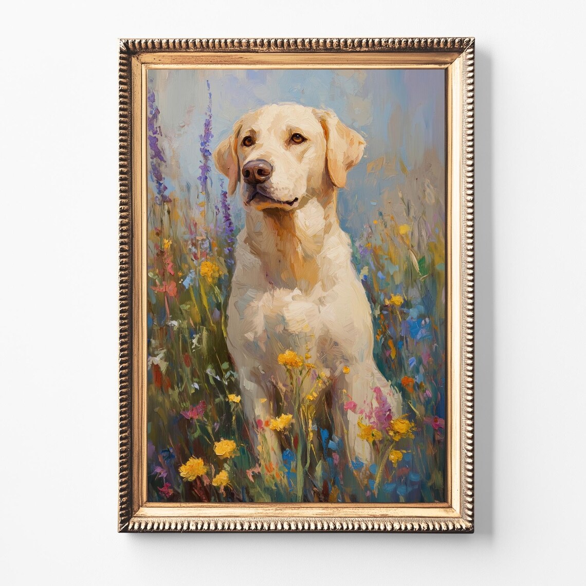 Yellow Labrador Standing Among Colorful Wildflowers Impressionist Poster