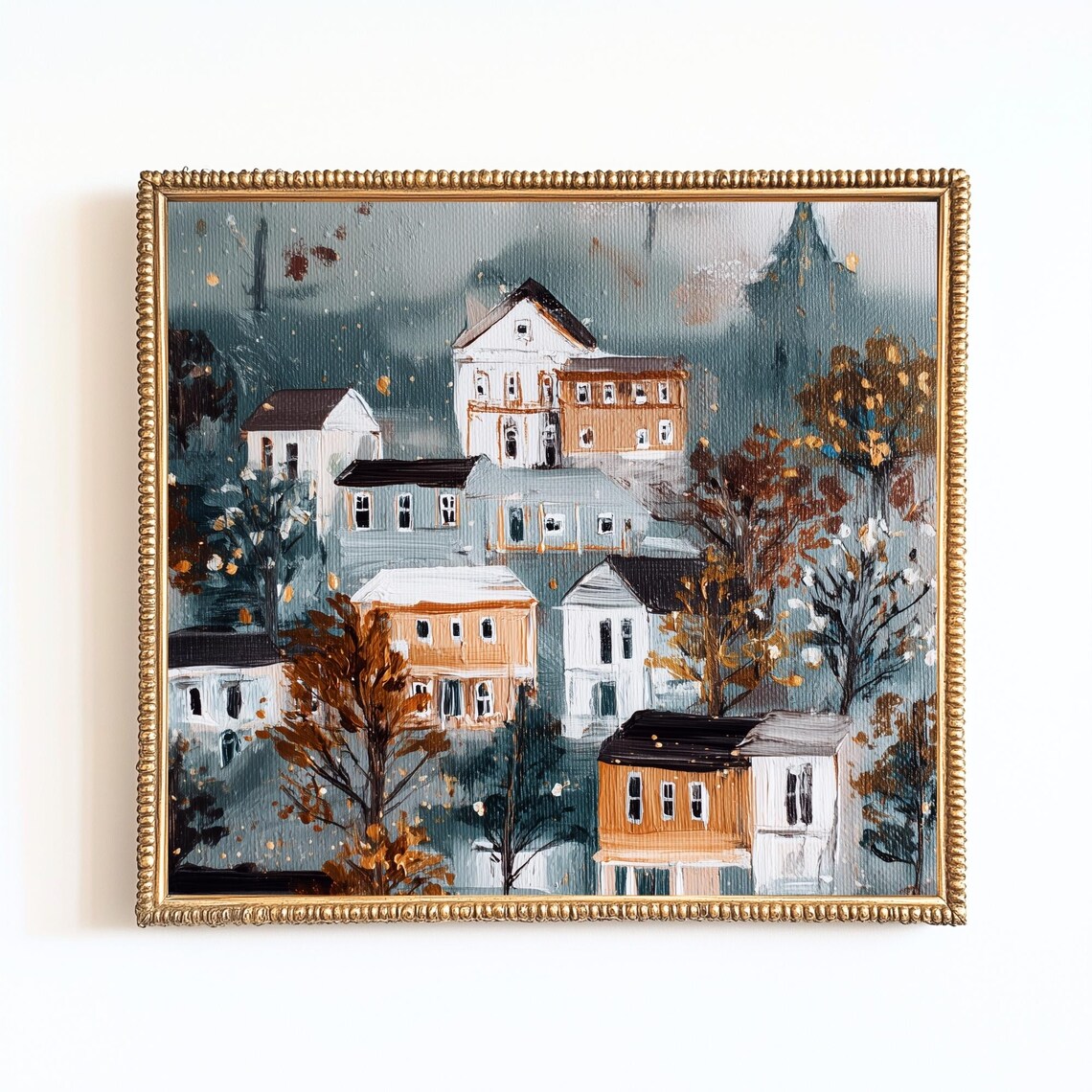 Foggy Autumn Village, Rustic Landscape Art Print
