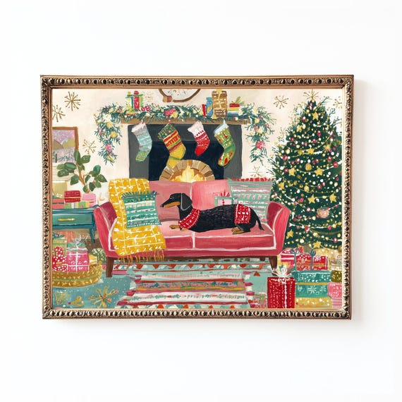 Christmas Dachshund Art Print, Cozy Fireplace Scene
