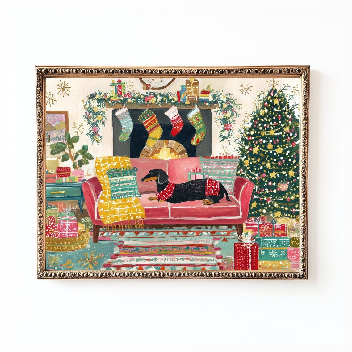 Christmas Dachshund Art Print, Cozy Fireplace Scene