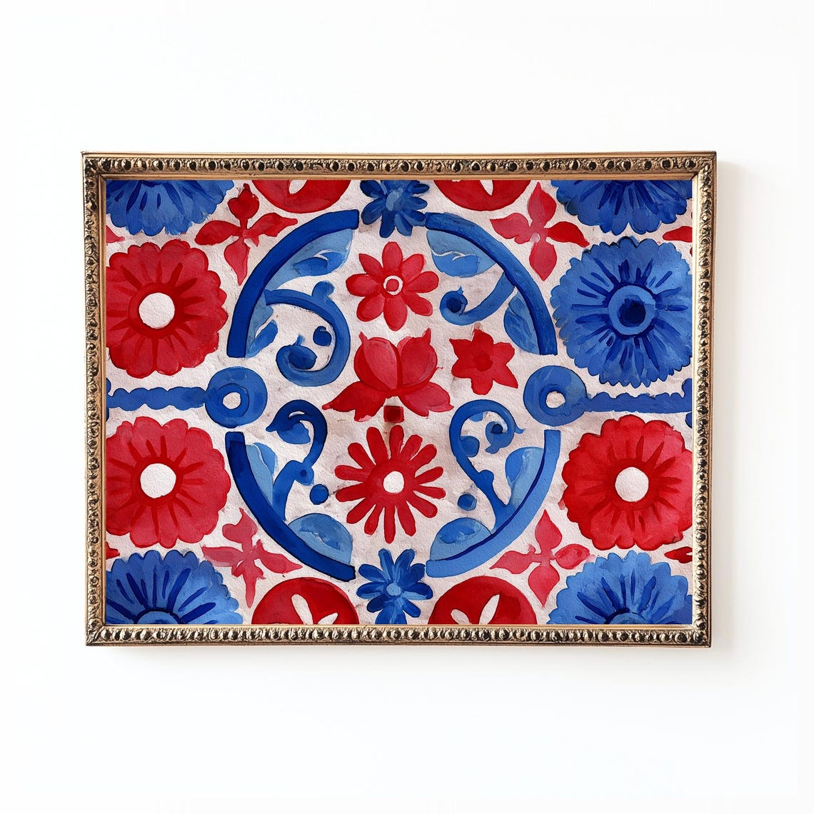 Red And Blue Spanish Talavera Tile Pattern Floral Decor Print