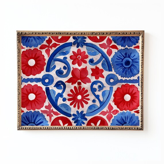 Red And Blue Spanish Talavera Tile Pattern Floral Decor Print
