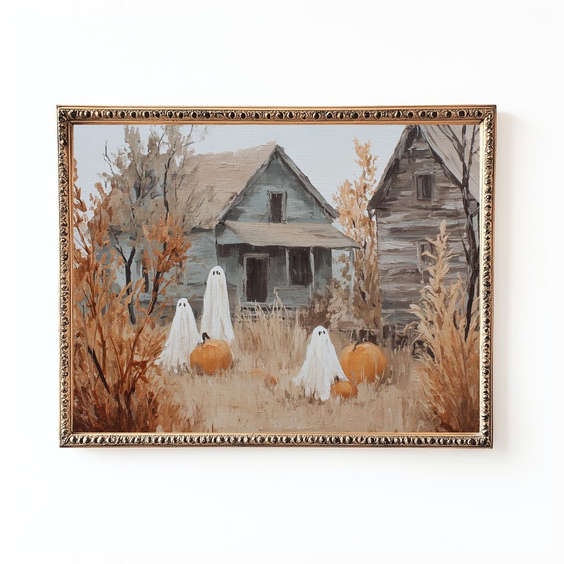 Haunted Farmhouse Halloween Ghosts Pumpkins Rustic Painting Wall Art
