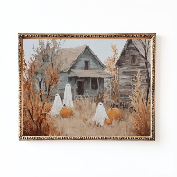 Haunted Farmhouse Print Rustic Halloween Pumpkin Field