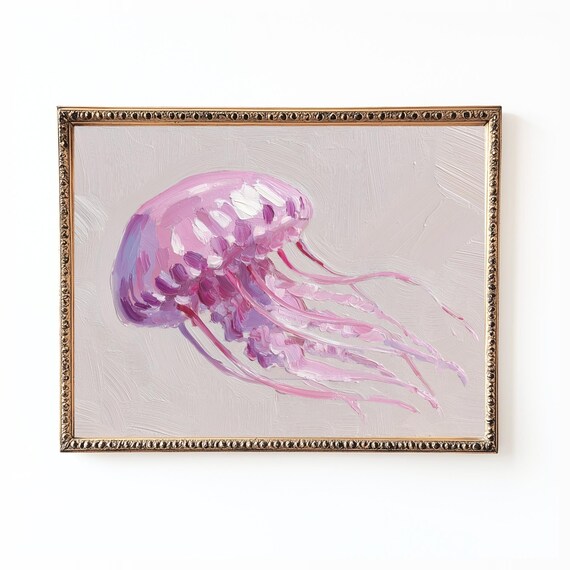 Pastel Pink Jellyfish Oil Painting Dreamy Coastal Ocean Wall Art
