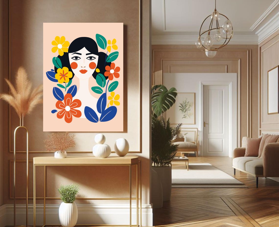 Stylized Woman Portrait Surrounded By Colorful Flowers Art Print - Image 5