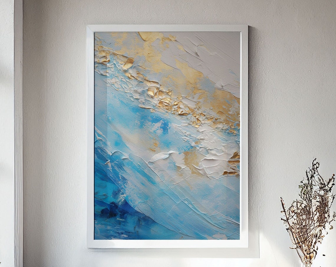 Blue and Gold Textured Abstract Ocean Wave Painting Style Poster