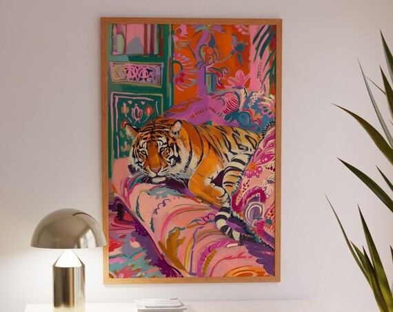 Relaxed Tiger Lounging on a Pink Patterned Armchair Art Poster