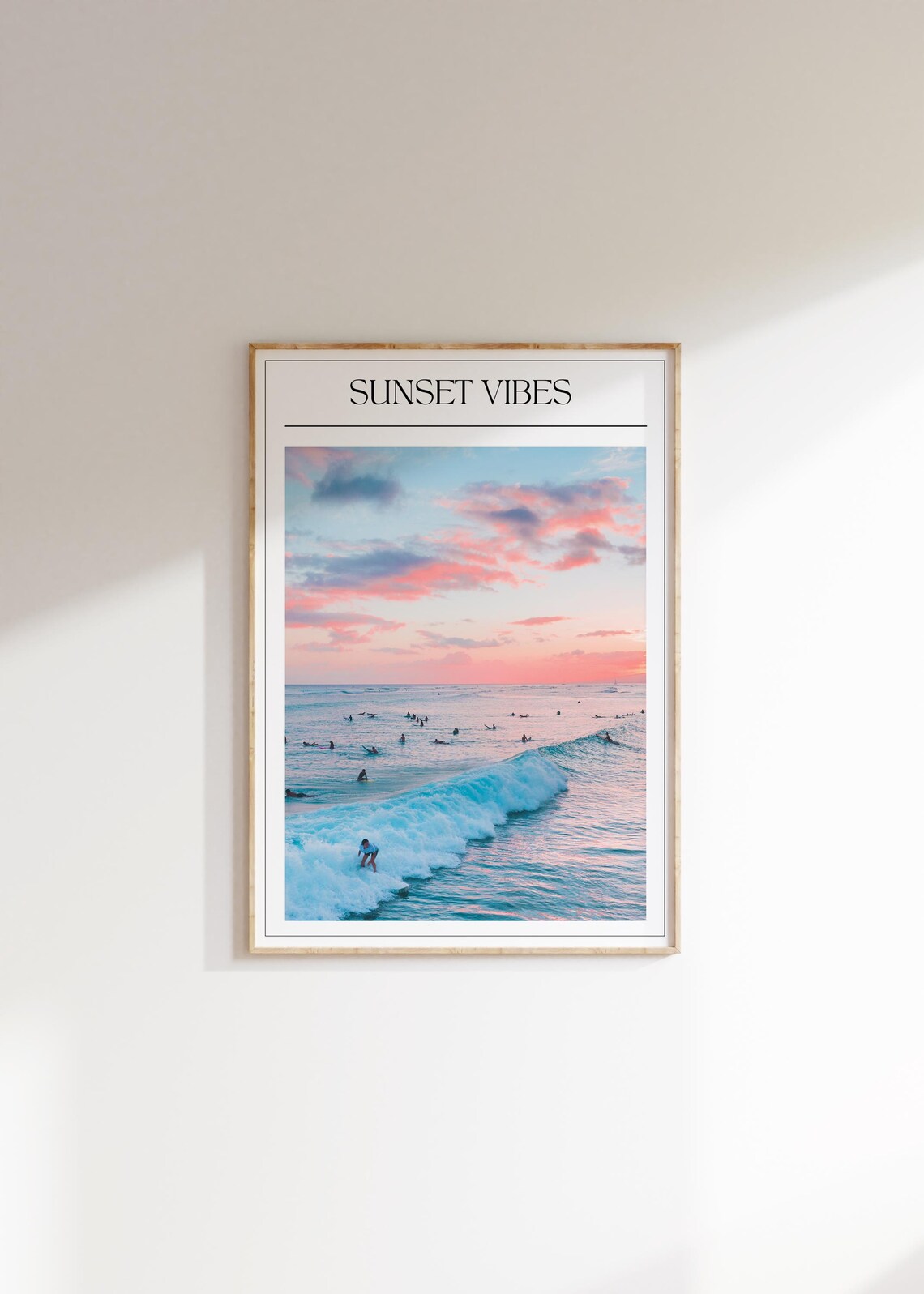 Sunset Vibes Pink Sky Surfers Ocean Photography Art Wall Poster - Image 4