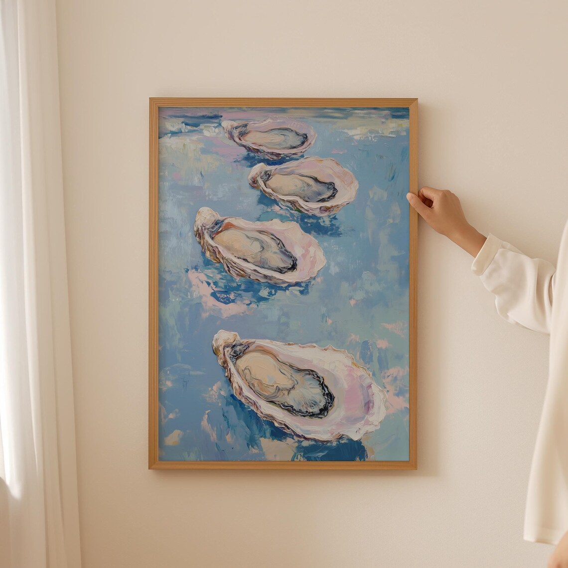 Four Oysters On Blue Oil Painting Coastal Seafood Kitchen Wall Poster