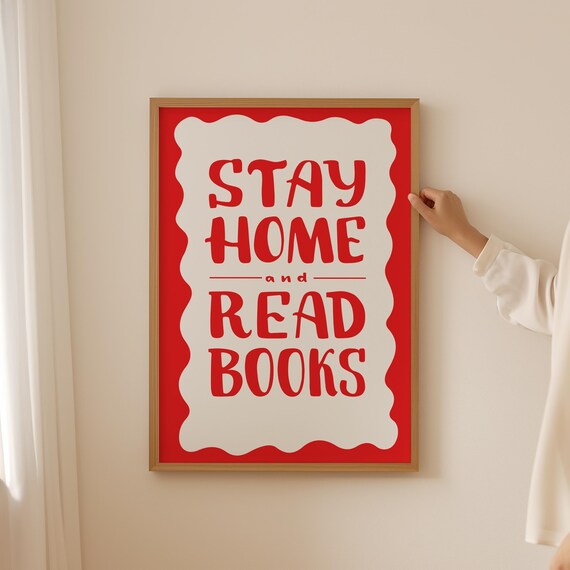 Stay Home and Read Books Retro Red Typography Bookish Poster