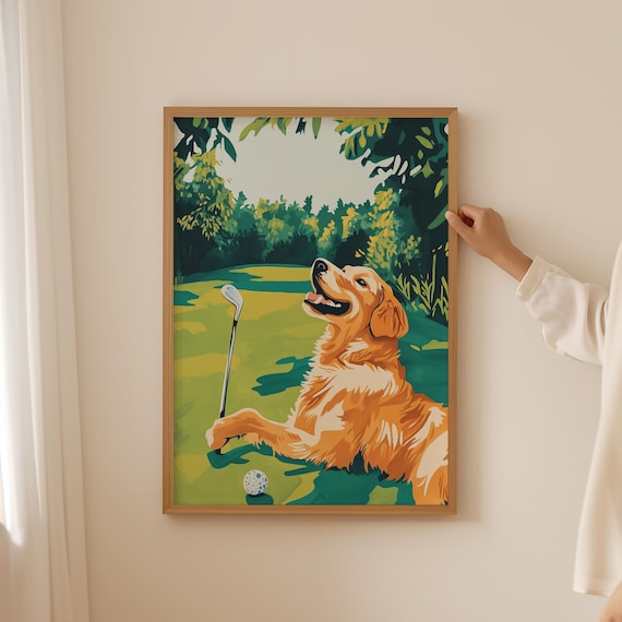 Happy Golden Retriever Golfer Funny Dog on Golf Course Art Poster