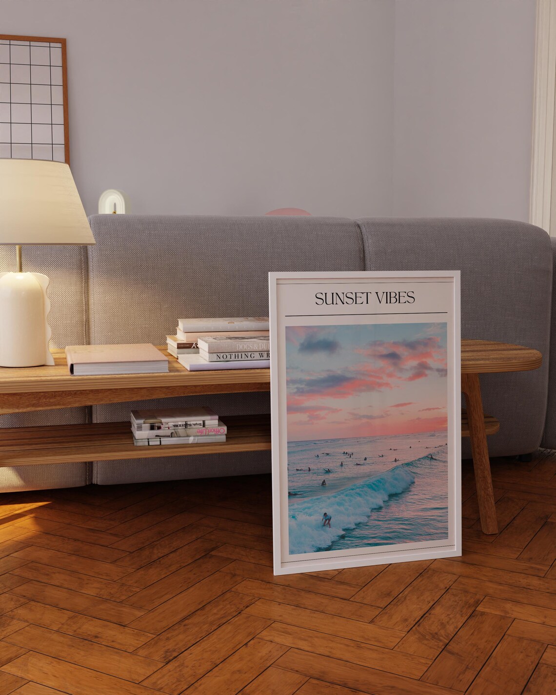 Sunset Vibes Pink Sky Surfers Ocean Photography Art Wall Poster - Image 5