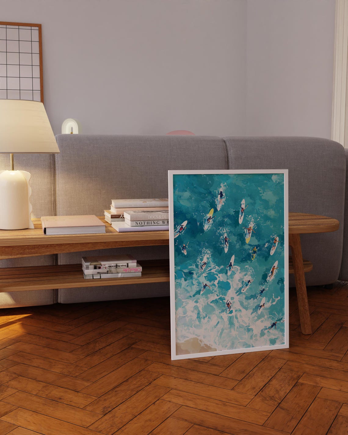 Surfers Paddling Aerial Ocean Painting Poster Turquoise Waves Decor - Image 5