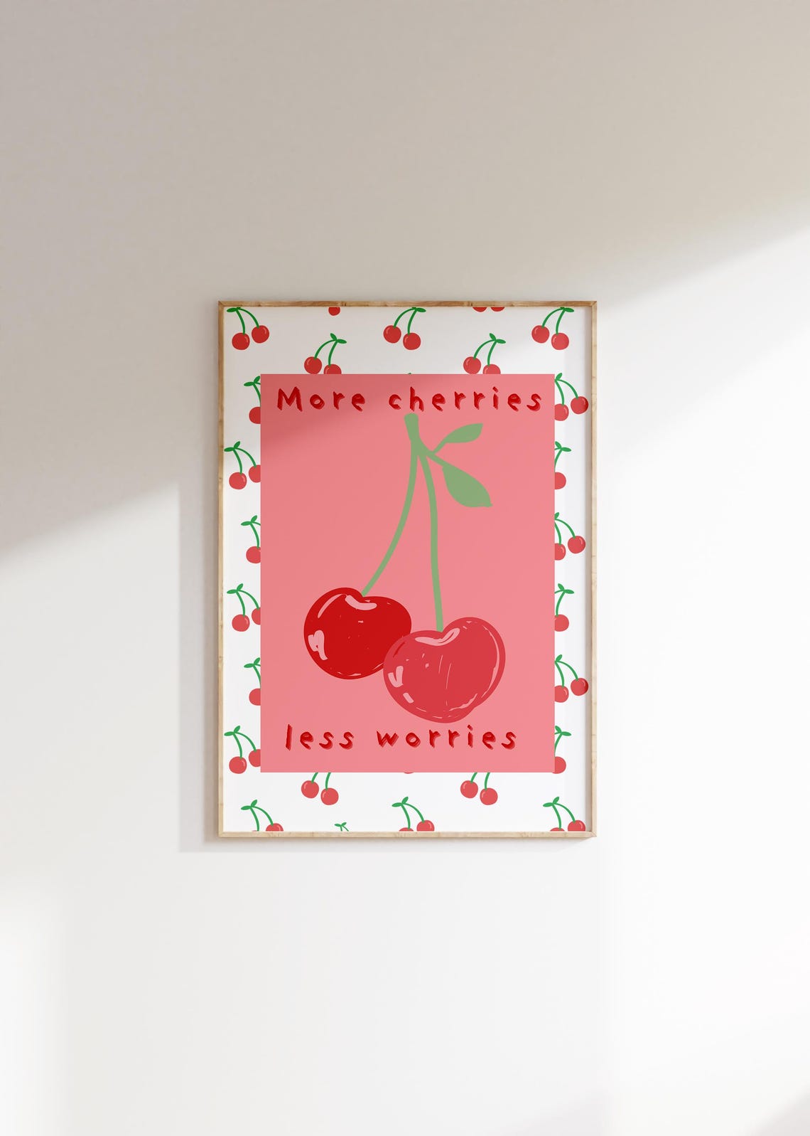 More Cherries Less Worries Quote Cherry Pattern Pink Decor Poster - Image 3