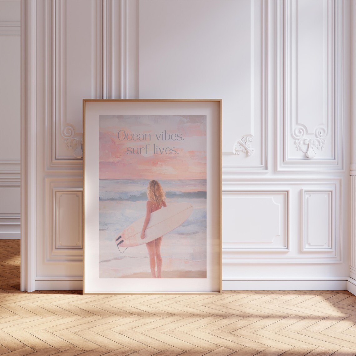 Ocean Vibes Surf Lives Surfer Girl Pink Beach Pastel Art Poster