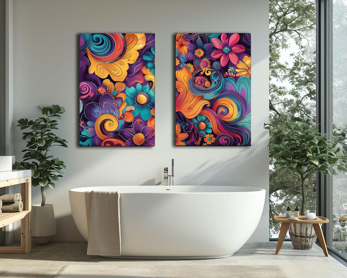 Abstract Retro Bold Floral Print Multi Color Cheerful Wall Art Bright Yellow Purple Teal And Orange Floral Poster Colorful Floral Art - Image 2