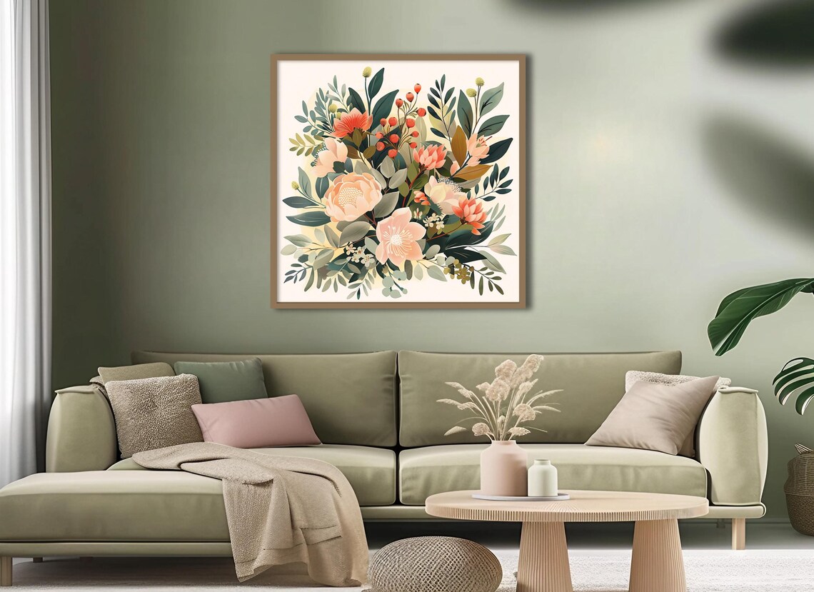 Soft Peach Peony Watercolor Bouquet Coral Blooms Floral Art Poster - Image 2