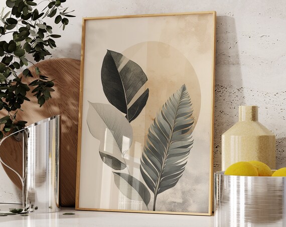 Neutral Japandi Botanical Leaves Fern Feather Minimalist Style Wall Art