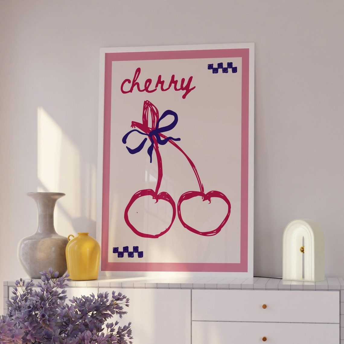 Cherry Script Red Cherries Line Drawing Coquette Kitchen Art Poster