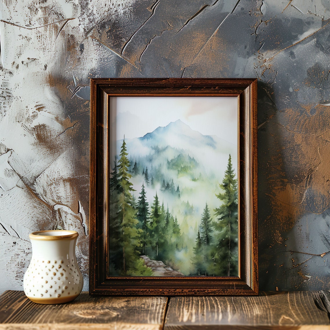 Misty Mountain Ridge Pine Forest Watercolor Painting Poster for Homes - Image 4