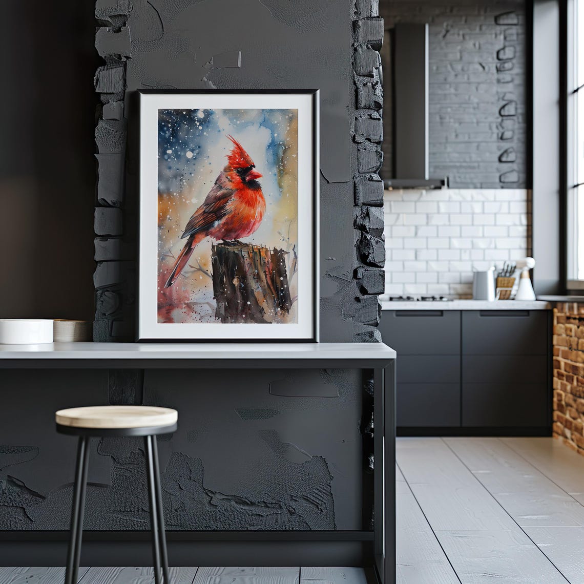 Red Cardinal Snow Watercolor Bird Perched Winter Bird Art Poster - Image 3