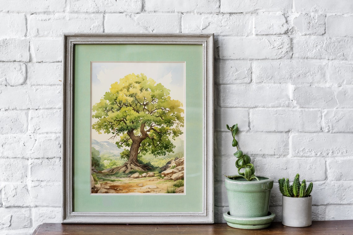 Oak Tree Landscape Watercolor Rolling Hills Pastoral Art Poster - Image 4