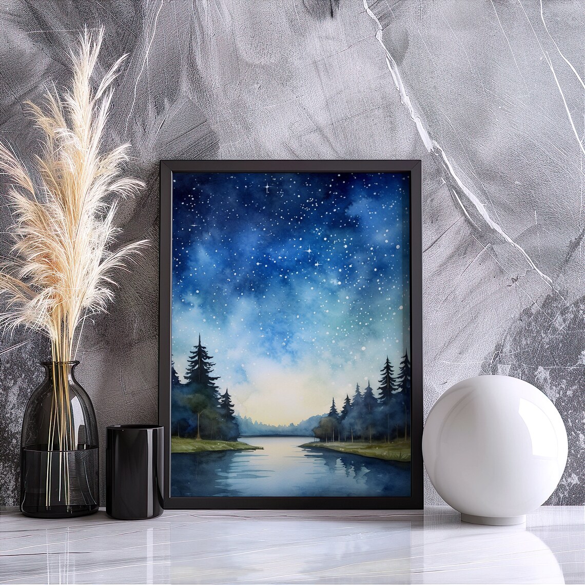Starry Night Sky Lake Watercolor Painting Poster with Pine Trees - Image 4