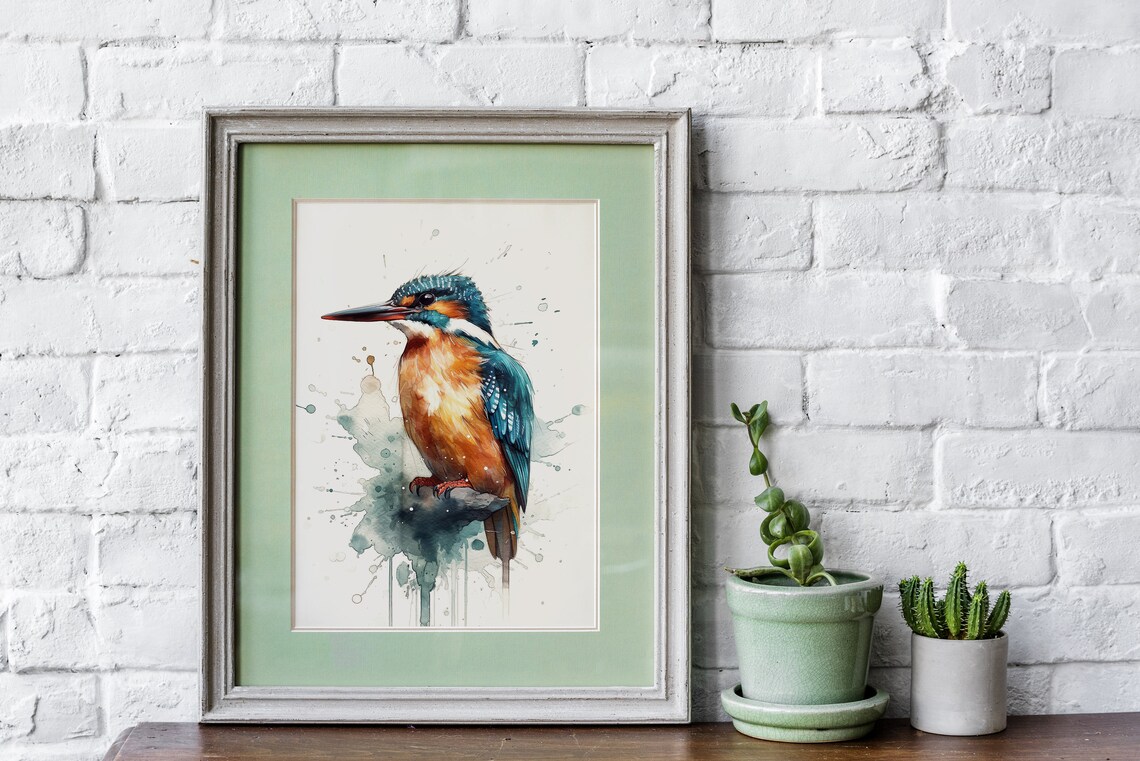 Kingfisher Watercolor Portrait Colorful Bird on Branch Art Poster - Image 5