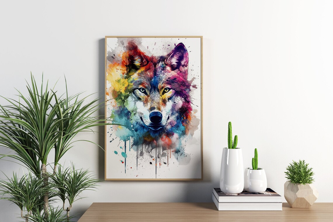 Rainbow Wolf Watercolor Portrait Vibrant Colorful Animal Art Poster - Image 2
